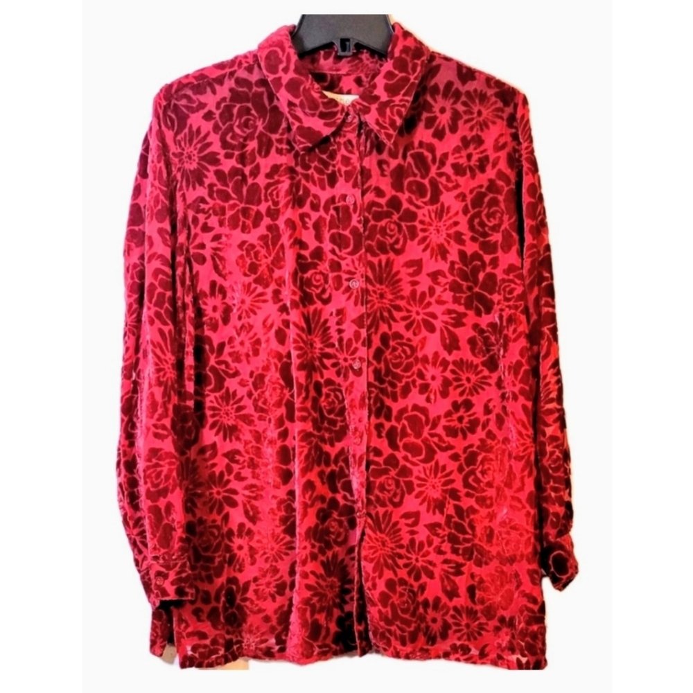 C.L.O.T.H.E.S Sheer Dark Red Tunic Blouse Raised Floral Velvet Size 1X Holiday